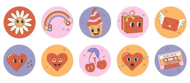 Vector trendy comic groovy valentines day sticker set. cute and funny characters .70s 60s aesthetics