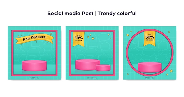 Trendy comic style social media instagram square post set with podium display showcase and comic bubble speech background cartoon