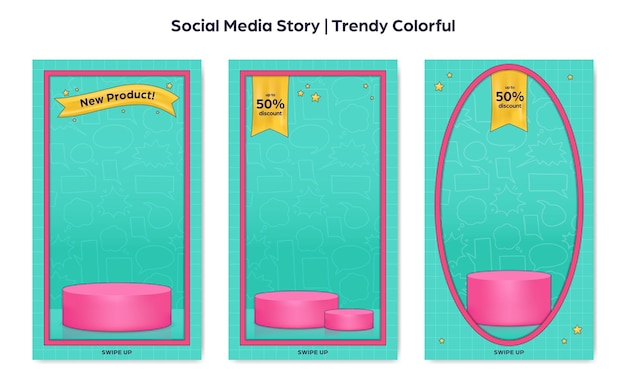 Trendy comic style social media instagram story set with podium display showcase and comic bubble speech background cartoon