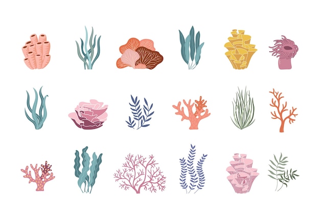 Trendy coral reef and plants vector flat icons, Aquarium algae