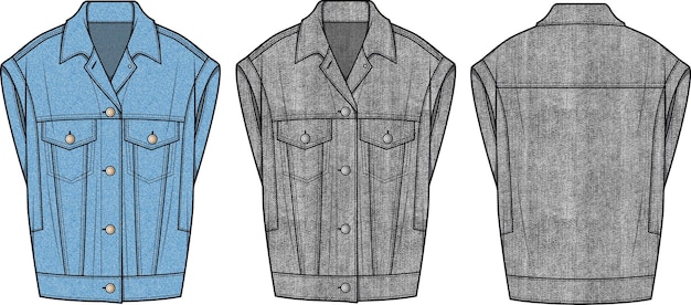 Vector trendy denim jacket sleeveless front and back flat sketch technical drawing vector illustration temp