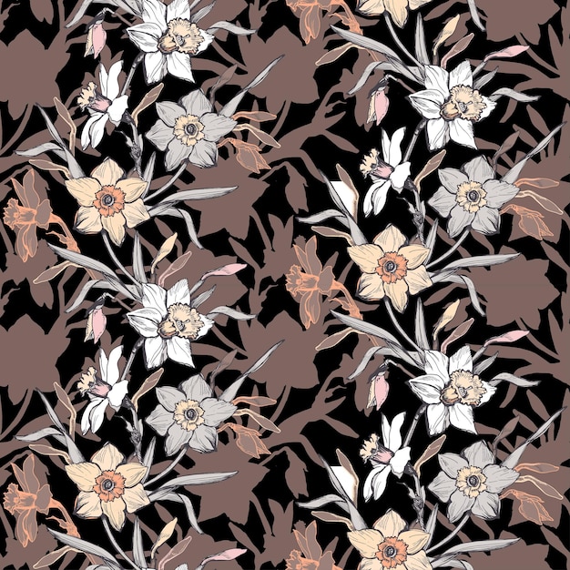 Trendy earth tones seamless pattern with hand drawn elegant flowers daffodil on dark background