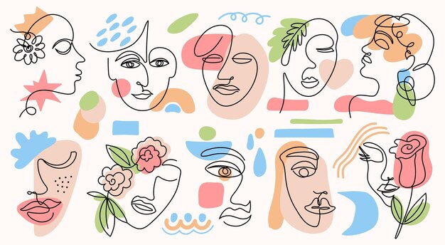 Vector trendy female faces abstract woman line portraits graphic contour art design drawing in modern style outline contouring heads decent vector set