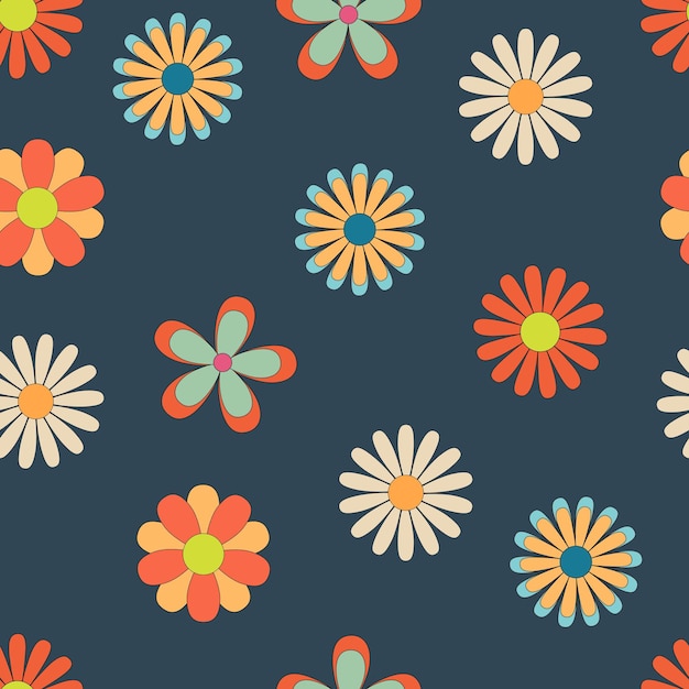 Vector trendy floral pattern in the style of the 70s and 80s with groovy daisy flowers on dark background