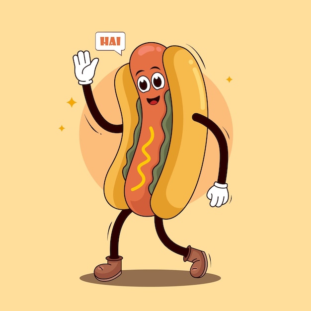 Trendy and fun retro hippie style hotdog cartoon