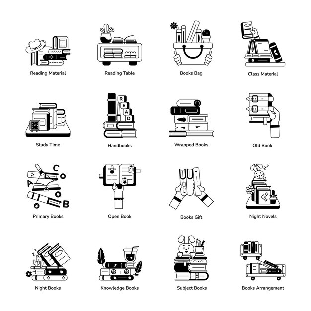 Trendy Glyph Icons Depicting School Study