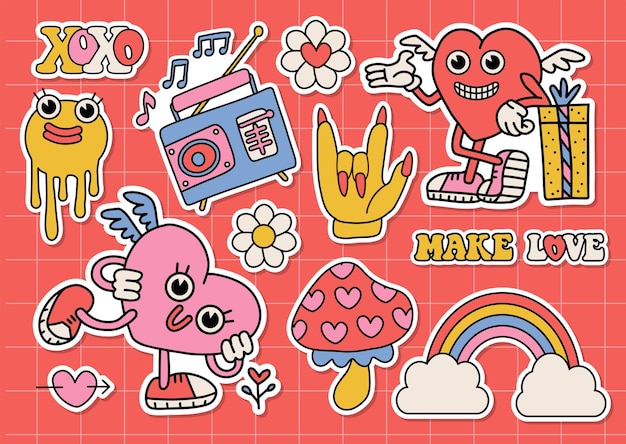 Trendy groovy valentines day sticker set retro cartoon style valentines day s s aesthetics isolated