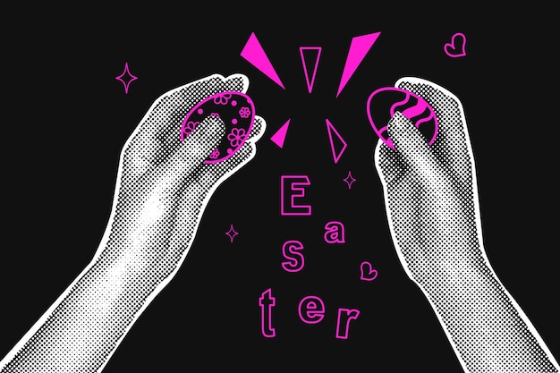 Trendy halftone collage on dark background Hands with painted eggs for easter holiday Easter greet