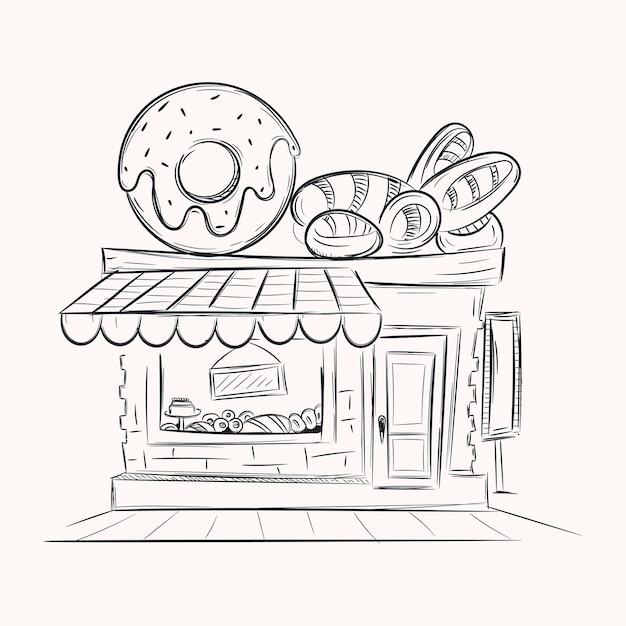 Trendy hand drawn illustration of donut shop