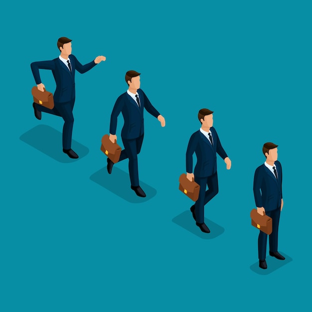 Vector trendy isometric 3d businessmen with money success gold wealth joy work movement startup