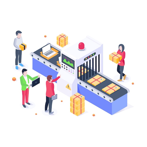 A trendy isometric illustration of factory production