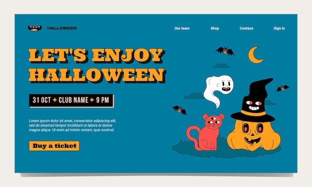 Trendy landing page template for a Halloween party Outlined design with pumpkin hat bats cat and moon