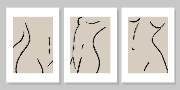 Trendy line art woman body prints set. Female Figure contemporary aesthetic poster. Vector