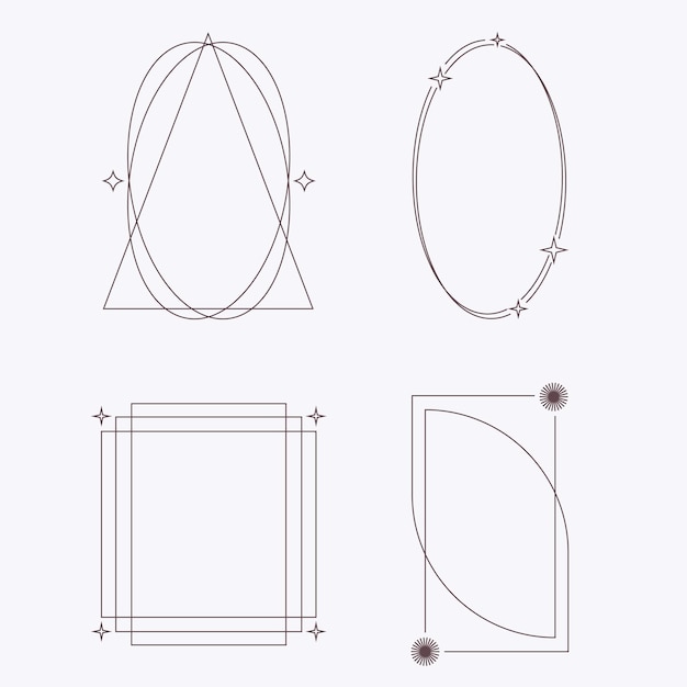 Vector trendy line elements set minimalist frames and borders with twinkle stars different aesthetic oval