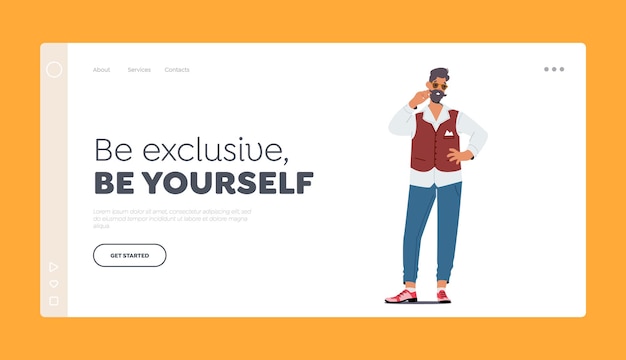 Trendy Mature Gentleman Landing Page Template Old man with Cool Beard or Mustaches Wear Trendy Clothes Stylish Male Character in Fashionable Jeans Vest and Shoes Cartoon People Vector Illustration