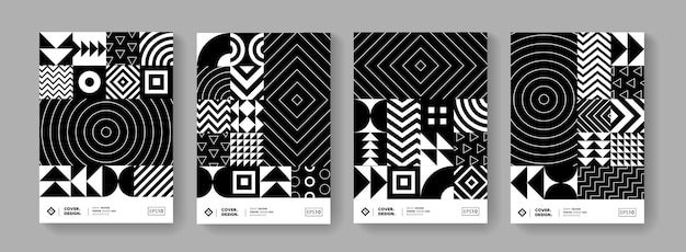 Trendy minimal geometric pattern vector design. Modern posters set with shape elements. Black and White hipster background.