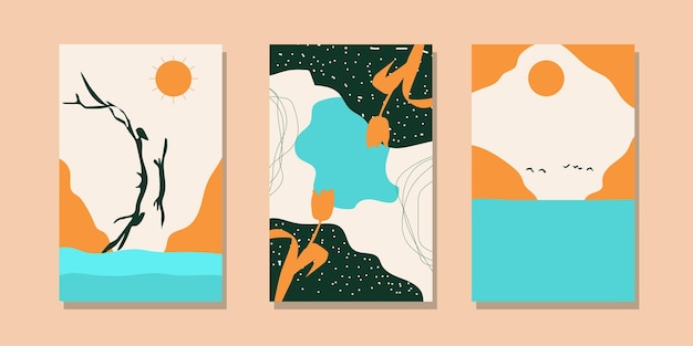 Trendy minimalist abstract landscape illustrations. Set of hand drawn contemporary artistic posters.