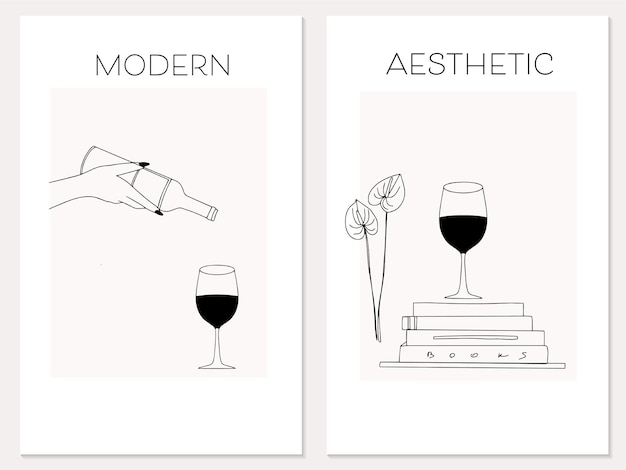 Trendy minimalist line art collection with woman hand golding glass of wine books bottle flowers