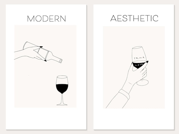 Trendy minimalist line art collection with woman hand golding glass of wine Outline wine elements