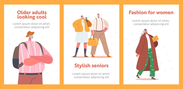 Trendy Modern and Elegant Aged Pensioners Banners Old Male and Female Characters Wear Fashionable Clothes Stylish Senior Men or Women Posing Cartoon People Vector Illustration Posters Set