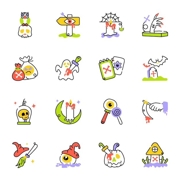 Trendy Pack of Spooky Accessories Doodle Icons