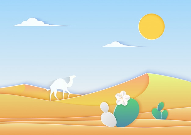 Trendy paper cuted style desert landscape with camel and cactus illustration.