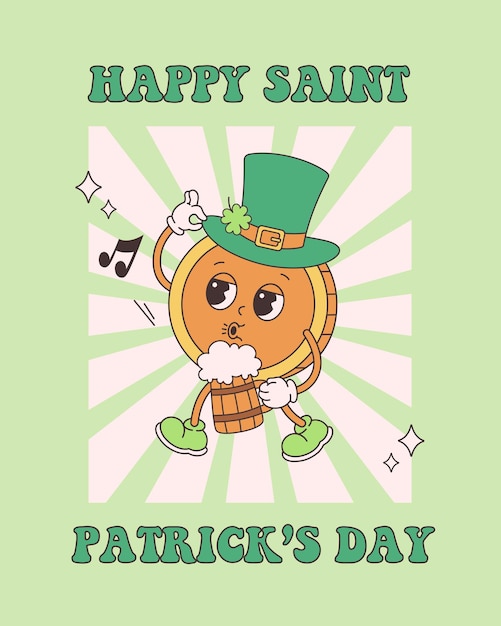 Trendy retro cartoon character Gold Coin with beer and hat. Happy Saint Patricks Day greeting card.