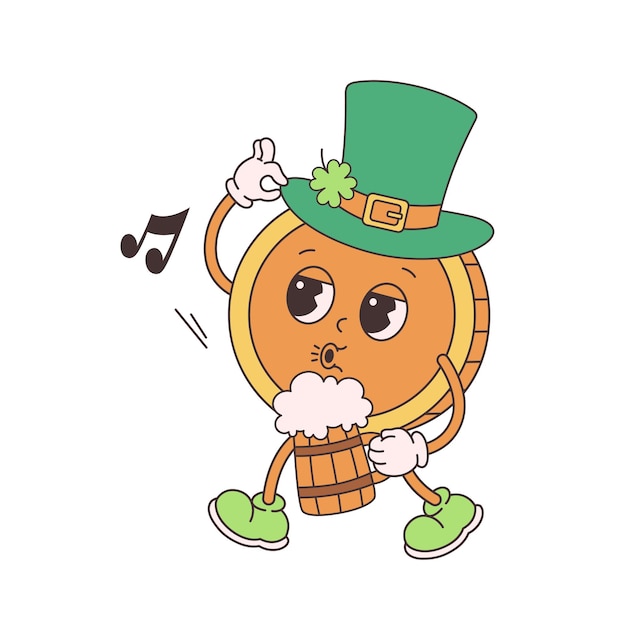 Trendy retro cartoon character gold coin with beer, hat. Happy Saint Patricks Day. Groovy, vintage