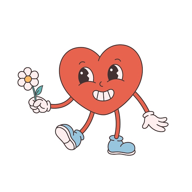 Trendy retro cartoon heart character. Groovy style, vintage, 70s 60s aesthetics. Valentines day.