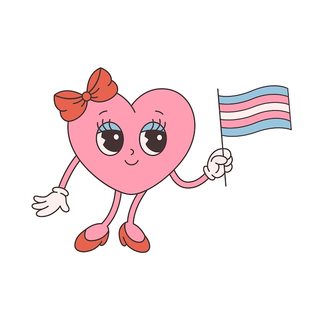 Trendy retro cartoon heart character. Groovy, vintage, 70s 60s aesthetics. Valentines day, LGBT flag