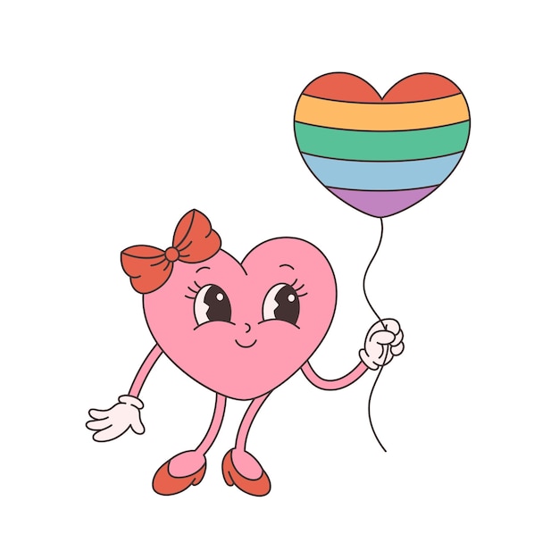 Trendy retro cartoon heart character. Groovy, vintage, 70s 60s aesthetics. Valentines day, LGBTQ