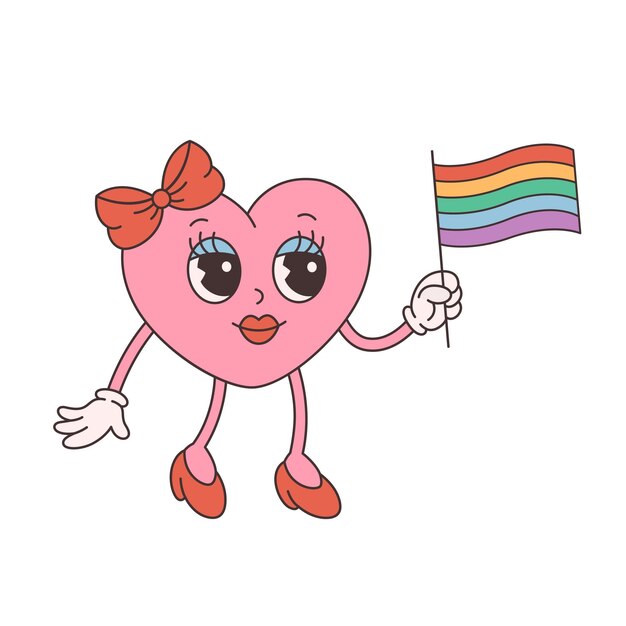 Trendy retro cartoon heart character. Groovy, vintage, 70s 60s style. Valentines day, LGBTQ flag