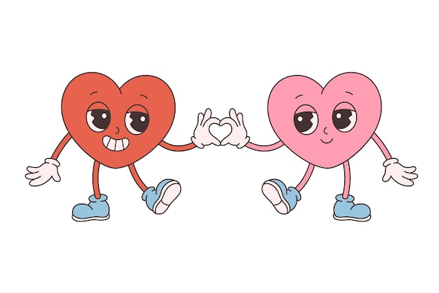 Trendy retro cartoon heart characters. Groovy, vintage, 70s 60s style. Valentines day, gay couple