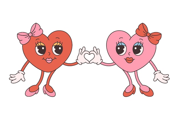 Trendy retro cartoon heart characters. Groovy, vintage, 70s 60s style. Valentines day, lesbians