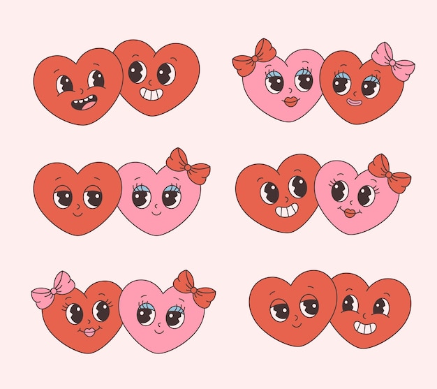 Trendy retro cartoon heart characters, love couple, lesbians, gay couple. Happy Valentines Day