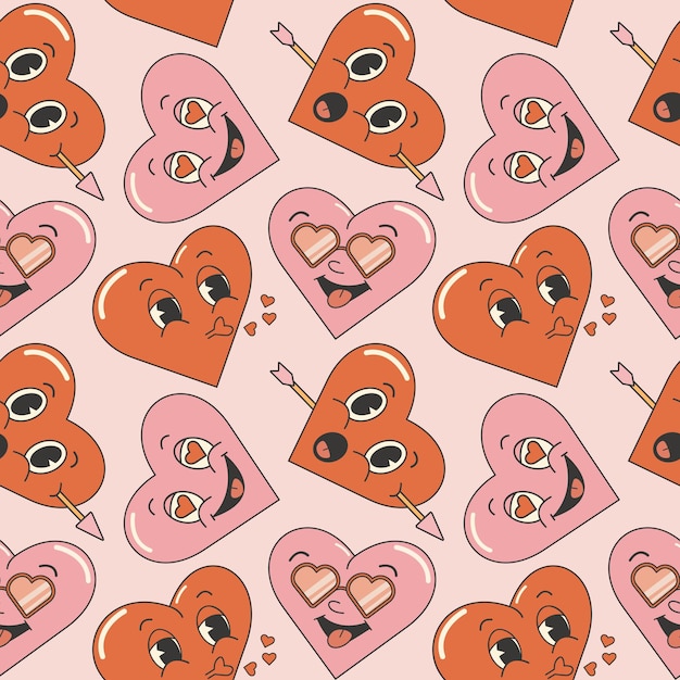 Trendy retro valentines day seamless pattern With comic groovy heart characters