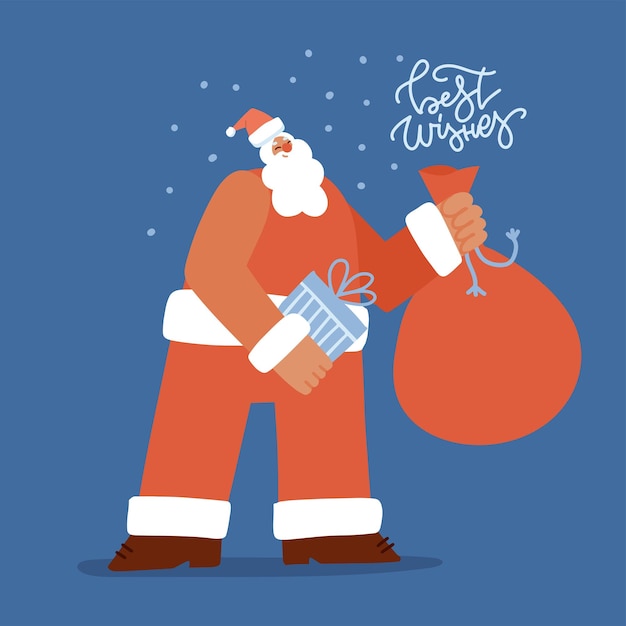 Trendy santa claus character with christmas sack holding gift box flat hand drawn vector illustratio...