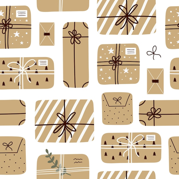 Trendy seamless pattern of gift boxes and envelope from kraft paper isolated on white background