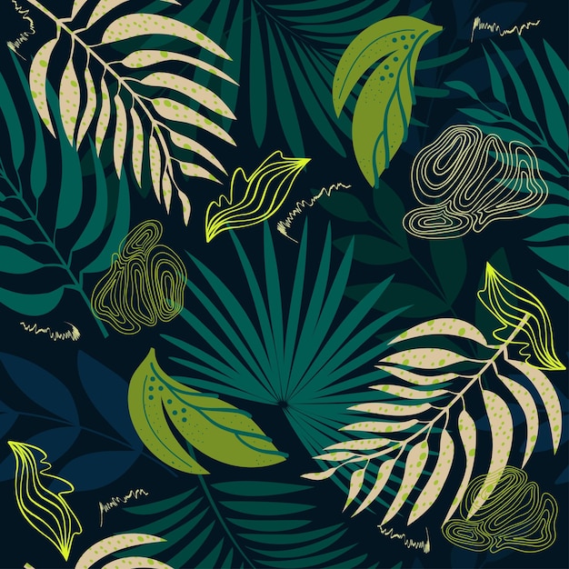 Trendy seamless pattern natural green ton abstract tropical leaves shapes flowers hand drawn vector