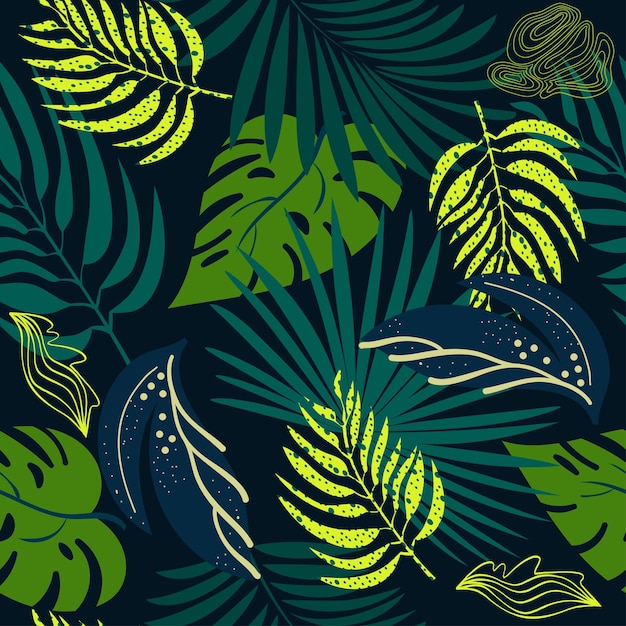 Trendy seamless pattern natural green ton abstract tropical leaves shapes flowers hand drawn vector