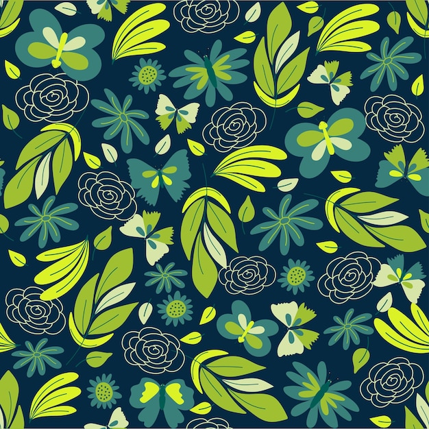 Trendy seamless pattern natural green tones abstract  leaves shapes flowers hand drawn vector