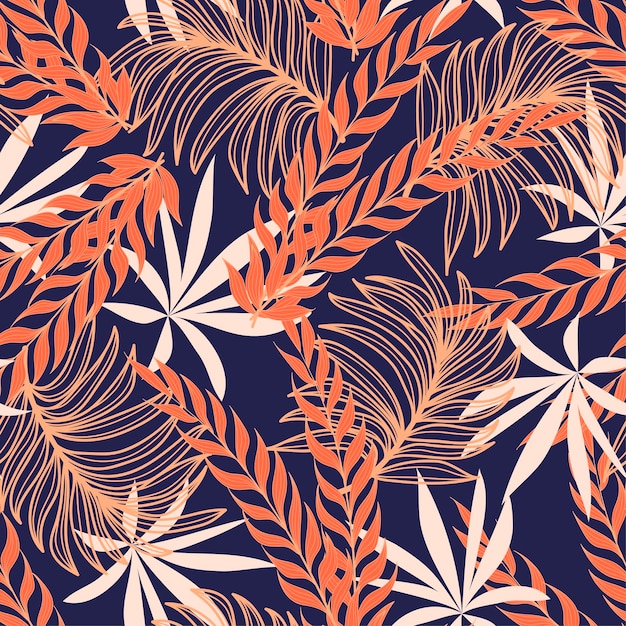 Trendy seamless tropical pattern with bright plants and leaves on a blue background