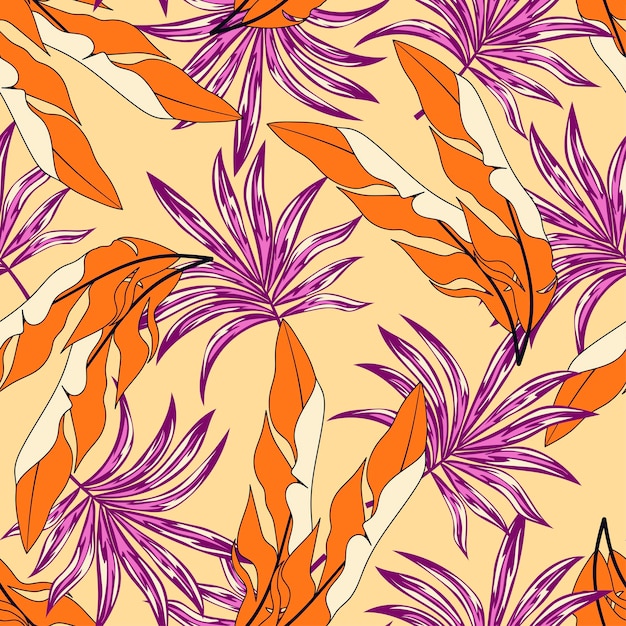 Trendy seamless tropical pattern with bright plants and leaves on a yellow pastel background