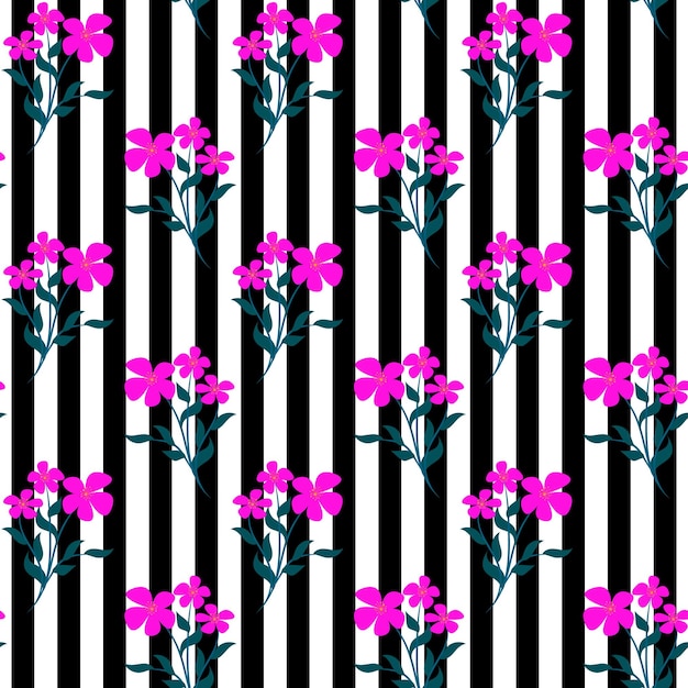 Trendy seamless vector floral pattern of pink flowers on a black and white striped background Summe