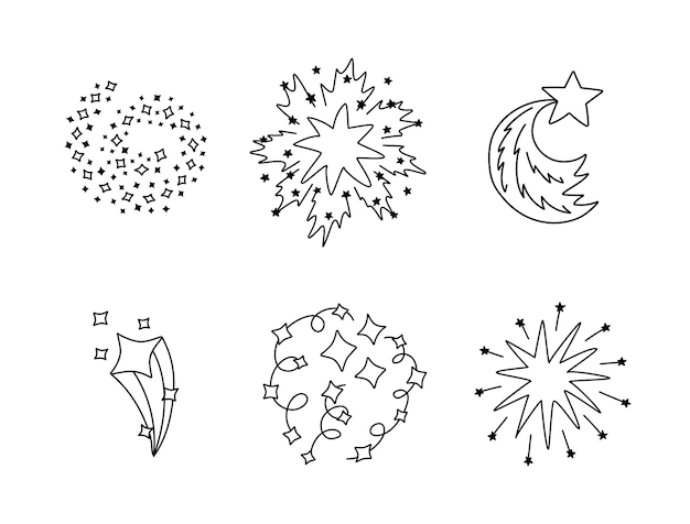 Vector trendy set of star dust spiral twinkle cloud falling star clipart with hand drawn doodle outline sparkling magical stardust comet shower astrology astronomy universe christmas element