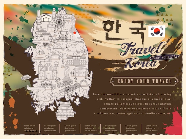 Trendy South Korea travel map with abundant attractions - Korea in Korean words on upper right