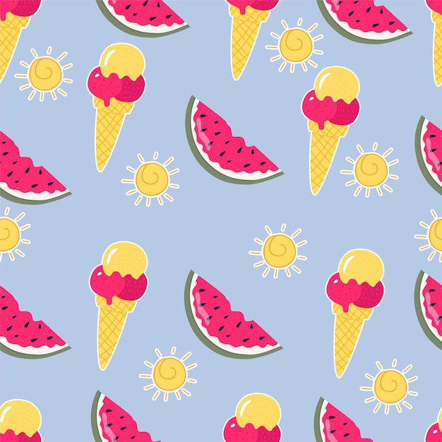 Trendy summer pattern with watermelon sun and sweet ice cream on a blue background A bright summer pattern for printing paper wallpaper fabric and for the web