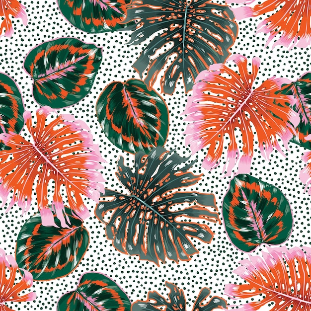 Trendy tropical botanical leaves and Plants Hand drawn seamless pattern vector Ilustration