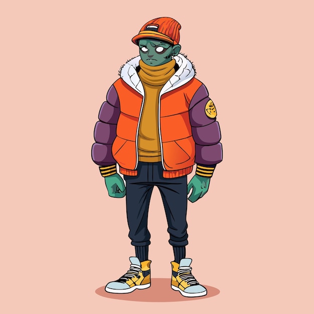 Vector trendy urban fashionable anthropomorphic man in puffer jacket cartoon vector illustration