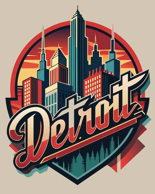 a trendy and vibrant typography tshirt design featuring the word detroit written in a bold